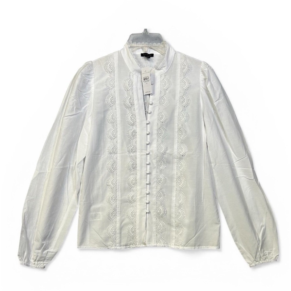 NWT Ann Taylor Button White Blouse Lace Trim Victorian High Neck XS Cotton Top